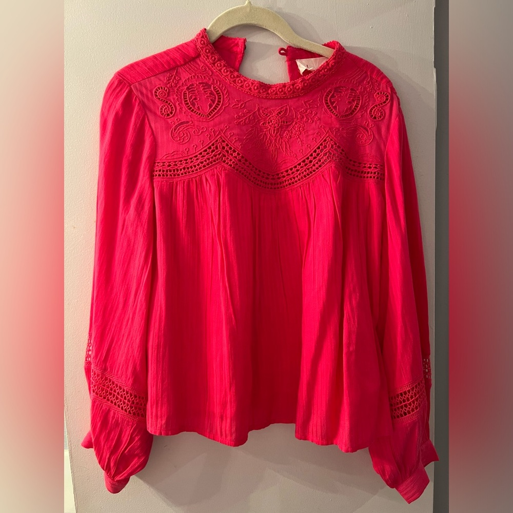 NEW Anthropologie Harmony Hot Pink Lace Embroidered Blouse￼ Size XSP